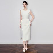 2511603-南油輕奢赫本風(fēng)名媛感荷葉邊假兩件連衣裙無(wú)袖包臀女 杏色 S