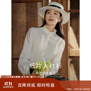 茵曼法式木耳邊提花女裝立領(lǐng)襯衫t恤洋氣顯瘦泡泡袖襯衣上衣  米白 L