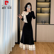皮爾卡丹（pierre cardin）法式小香風(fēng)蝴蝶結露肩魚(yú)尾連衣裙女赫本風(fēng)設計感打底針織長(cháng)裙秋裝 黑色 M