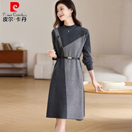 皮爾卡丹毛衣裙女秋冬2025年新款高級感羊毛針織連衣裙加厚拼色配大衣冬裙 灰拼色 M
