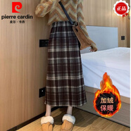 皮爾卡丹（pierre cardin）秋冬季加絨加厚毛呢料開(kāi)叉洋氣格子顯瘦高腰中長(cháng)裙保暖直筒半身裙 保暖咖色格子【加絨】 加厚 2XL (建議140-155斤內)