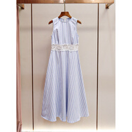 SAPATINHO DE LUXOS家夏季新款法優(yōu)雅圓領(lǐng)無(wú)袖繡花鏤空收腰滿(mǎn)天星鑲鉆條紋連衣裙女 藍色 S