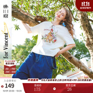 兩三事梵高設(shè)計感印花短袖t恤女2025夏新款可愛貓咪上衣 喵趣信旅 杏色-y M