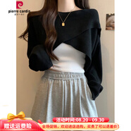皮爾卡丹遮肚子不規(guī)則斗篷毛衣打底衫女春秋大碼女裝胖MM顯瘦短款針織罩衫 黑色 M 建議80-100斤