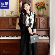 羅蒙（ROMON）秋冬新款燈芯絨連衣裙大碼女裝收腰顯瘦加厚毛衣打底 黑色 M 建議80-100斤