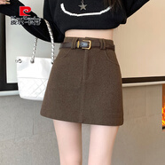 皮爾卡丹（pierre cardin）咖色毛呢冬裙半身裙女秋冬加厚高腰包臀裙短裙顯瘦小個(gè)子a字半裙 咖啡色 S