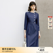 顏域時尚氣質牛仔連衣裙女裝2024新款早春收腰顯瘦連身裙圓領裙子 深藍 XL