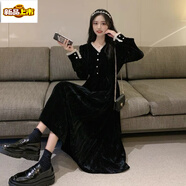 初徑2025新款新款宴會(huì )法式赫本風(fēng)晚禮服黑色金絲絨打底連衣裙子女秋冬 中長(cháng)款 S
