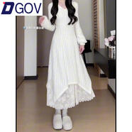 DGOV法式白色長(cháng)袖針織連衣裙女秋季配大衣內搭打底毛衣裙蕾絲拼接長(cháng)裙 白色zt L 【105-115斤】