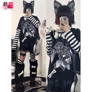 舒翎 亞文化朋克二次元條紋拼接袖假兩件長袖T恤寬松上衣早春上衣潮流 黑色 L 建議110-120斤