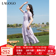 LAGOGO莫奈紫顯白荷葉邊浪漫裙女拉谷谷2025年夏季新款收腰連衣裙 淺紫色 S