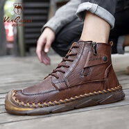 西域駱駝（VANCAMEL）大碼男鞋真皮加絨高幫馬丁靴防滑登山鞋 暗棕 38