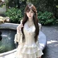 grosfairy法式貴氣浪漫甜美蕾絲拼接V領(lǐng)連衣裙感秋冬內搭長(cháng)袖蓬蓬短裙 連衣裙+腰封【千金風(fēng)miu系連衣裙_多巴胺掐腰裙_ S