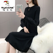 啄木鳥(niǎo)羊·毛絨連衣裙中長(zhǎng)款過(guò)膝毛衣裙2025秋冬季新款針織收腰洋氣女裝 黑色 L 110-130斤