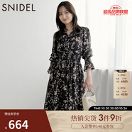 SNIDEL秋冬甜美碎花系帶收腰百褶雪紡連衣裙SWFO245033 棕色 L （2）