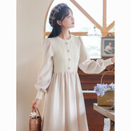 三棲虎裙子女秋季2025新款連衣裙少女加厚毛衣裙秋冬洋氣森系法式收腰遮 米白色 S  80-95
