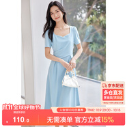 尚都比拉輕職場連衣裙女夏季收腰中長裙泡泡袖裙子 淺藍(lán)色152L80063  M