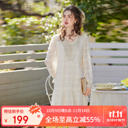 白鹿語(yǔ)圓領(lǐng)釘珠雪紡長(cháng)袖連衣裙2025秋季新款溫柔立體剪花短裙 杏色  M 