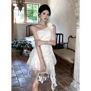 曇蓓漫性感法式純欲白色斜肩雪紡連衣裙仙女夏季感生日小禮服公主裙 白 s