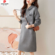 皮爾卡丹（pierre cardin）韓版純色口袋百搭連帽連衣裙女2025秋季新款時(shí)尚氣質(zhì)抽繩顯瘦裙子 灰色【春秋款不加絨】 S