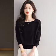 MONTAGUT蝙蝠袖針織打底衫女秋裝2025新款春秋洋氣一字領(lǐng)寬松上衣時尚毛衣 黑色 M 95-110斤