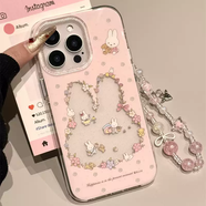 三棲虎早春小清新碎花米菲兔帶鏈條適用iPhone16promax高級感15promax小眾簡(jiǎn)約14pro不撞款13pro潮16防摔 粉底鏤空閃粉花圈米菲兔+鏈 iPhone16ProMax