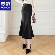 羅蒙（ROMON）半身裙女春秋日韓新款毛呢高腰開(kāi)叉魚(yú)尾裙a字裙荷葉中長(cháng)款包臀 黑色 S