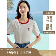 茵曼涼感撞色繡花女裝正肩短袖t恤2025夏季新品打底衫上衣 珍珠白1 XL
