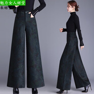 秋季闊腿褲女垂感休閑褲垂感闊腿褲女春夏2025年新款高腰印花大腳 墨綠色【秋冬加絨款】 M 碼建議90-100斤