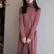 皮爾卡丹（pierre cardin）韓版簡約舒適冬季加絨毛衣裙中長款過膝高領(lǐng)針織連衣裙配大衣內(nèi)搭 豆沙色不加絨 2XL 建議120-130斤