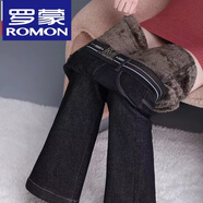 羅蒙（ROMON）高檔微喇褲女秋冬加絨加厚牛仔褲新款韓版松緊腰彈力大碼喇叭褲 8055款【黑色】 加絨 XL 建議115-125斤