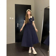 爾山集連衣裙女撞色polo領(lǐng)裙子2025夏季美式復(fù)古壓褶短款收腰顯瘦大擺裙 藍(lán)色 M