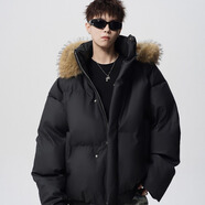 埖煦PU皮可拆卸毛領(lǐng)羽絨棉服男面包服棉衣加厚短款棉襖冬季保暖外套男 黑色 L