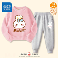 真維斯（Jeanswest）兒童套裝秋冬新款中大童加絨保暖長(zhǎng)褲男女童圓領(lǐng)衛(wèi)衣加厚兩件套潮 【加絨套裝】桃灰色（臉兔白兔） 120