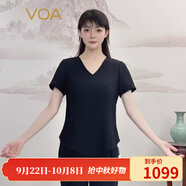 VOA41姆米重磅真絲V領(lǐng)短袖圓擺凹凸條純色織錦桑蠶絲T恤 BE581 條紋黑（B16） XL