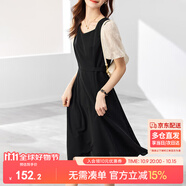 尚都比拉法式連衣裙夏季中長款a字裙泡泡袖系帶收腰顯瘦裙子 黑色 M 
