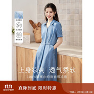茵曼（INMAN）時(shí)尚復(fù)古連衣裙女夏季翻領(lǐng)寬松A字燈籠袖長裙 牛仔藍(lán)-新 S