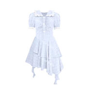 鞠婧祎同款娃娃領(lǐng)格子連身裙子女夏不規則設計甜辣收腰拖尾蛋糕裙 藍色 S