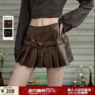 UNIFREE【秋裝新品】UNIFREE復(fù)古PU皮短裙美式辣妹刺繡包臀A字性感百褶裙 咖色 含腰帶 內(nèi)襯褲 L
