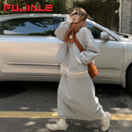 符佳樂(lè )輕薄棉衣棉服外套女2025冬季穿搭新款夾棉寬松高腰半身裙兩件套裝 淺藍色 S