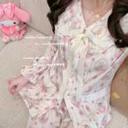 Miubby兔兔夢(mèng)眠曲春夏少女印花蕾絲娃娃領(lǐng)冰絲家居服睡衣套裝 長(cháng)袖長(cháng)褲 L