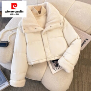 皮爾卡丹（pierre cardin）韓國(guó)chic冬季翻領(lǐng)仿羊羔毛棉服寬松加厚雙面穿長(zhǎng)袖抽繩短款面包服 清新-白色兩面穿 M 建議90-115斤