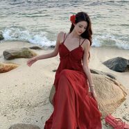 小紅書(shū)爆款絕美覆古夏季新款紅色洋裝女荷葉邊吊帶裙海邊拍照好看 紅色 S S