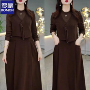 羅蒙（ROMON）品牌秋冬新款假兩件長(cháng)袖連衣裙女時(shí)尚復古氣質(zhì)遮肚子修身顯瘦裙子 咖色 L 【建議110-120斤】