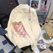 AEMAPE草莓毛衣女秋冬日系慵懶復(fù)古韓系溫柔風(fēng)軟糯甜美polo領(lǐng)學(xué)院風(fēng)針織 米白色 均碼 (80-135斤拍)