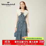 卓雅周末（JORYA weekend）24冬新款鉤花V領(lǐng)鏤空針織拼接牛仔開(kāi)叉連衣長(cháng)裙EJWDDW36 牛仔藍 S