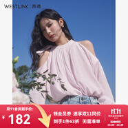 西遇法式掛脖白襯衫女2025年新款春季復(fù)古高級(jí)感露肩寬松長(zhǎng)袖上衣 粉色 M