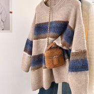 AEMAPE浣熊絨軟糯復古撞色條紋慵懶套頭針織衫女2025秋冬新款寬松毛衣女 卡其色 2XL 建議125-140斤