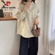 皮爾卡丹歐洲站連帽半拉鏈正肩衛衣女秋季大尺碼顯瘦中長(cháng)款遮屁股洋氣上衣 杏色 S 建議80-95斤