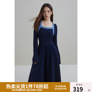 獨(dú)束大碼女裝法式復(fù)古撞色針織拼接連衣裙女彈力修身打底裙高腰長裙 深藏青 M